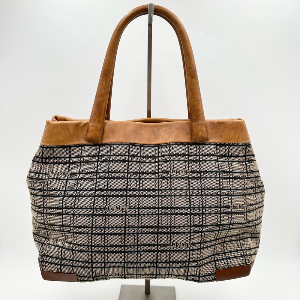 MaxMara Canvas/Leather Monogram Plaid Tote Handbag - Picture 1 of 12
